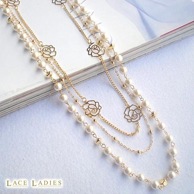 三連パールロングネックレス レディース 春 夏 秋 冬 フェイクパール イミテーションパール ロングネックレス バラモチーフ 大人 Nl06 レース レディース 通販 Yahoo ショッピング