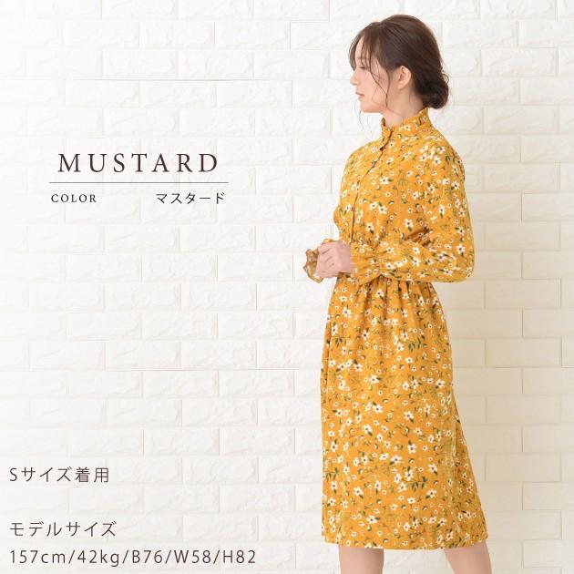 小花柄 レトロ ワンピース 長袖 ピンク オフホワイト マスタード ネイビー ブラック 花柄 膝丈 立ち襟 レディース 甘め ウエストゴム Op12 レースレディース 通販 Yahoo ショッピング
