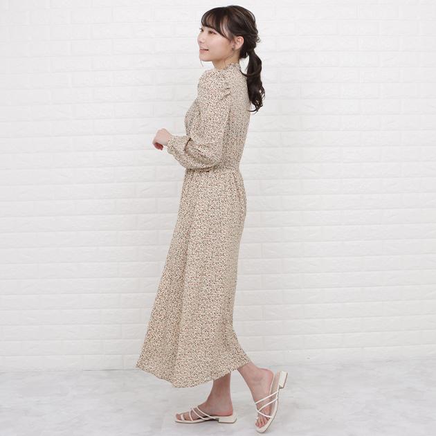 Lace Ladies 小花柄 パフスリーブ ロング丈 フレア ワンピース