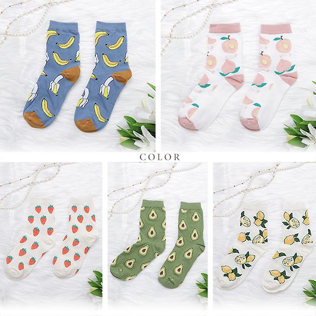 Lace Ladies 【5足セット】 靴下 クルーソックス フルーツ柄 5足