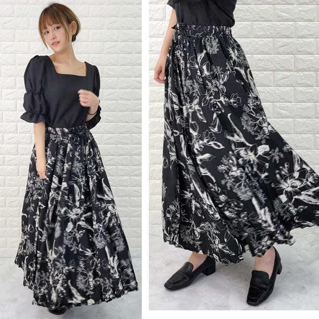 ボタニカル柄 ロングスカート ブラック ベージュ 花柄 フレア ボタニカル柄 ロングスカート ブラック ベージュ 花柄 フレア