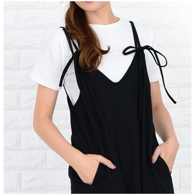 Lace Ladies 肩ひもリボン サロペット ワイドパンツ S〜XL