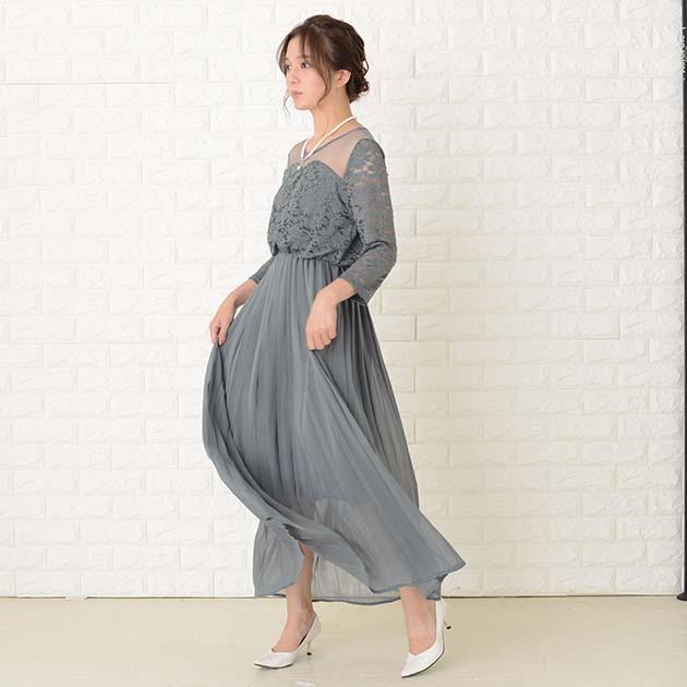 Lace Ladies（レースレディース） レース切替 七分袖 プリーツロング