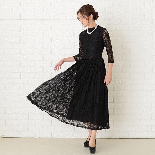 Lace Ladies プリーツロング丈ワンピース パーティードレス