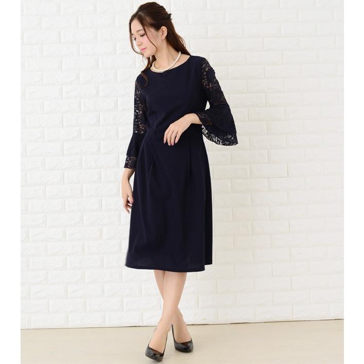 ネイビー フレアスリーブ パーティードレス NOLLEY'S ラメ糸光沢フレアスリーブネイビードレス (M) を