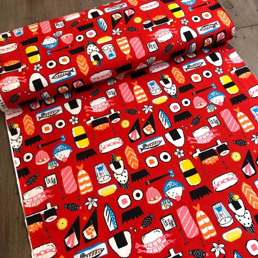 寿司柄 シーチング生地 生成り レッド ブルー ブラック すし 和柄 ほっこりjapan 入園入学通園通学 甚平 ゆかた Loa 1 Loa 1 リバティプリントショップmerci 通販 Yahoo ショッピング
