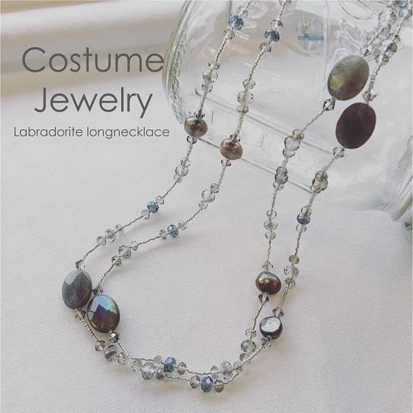 超高品質で人気の ラブラドライト ロング ネックレス 1cm グレー 天然石 長い 長め 女性 レディース フォーマル あす楽対応 メール便送料無料