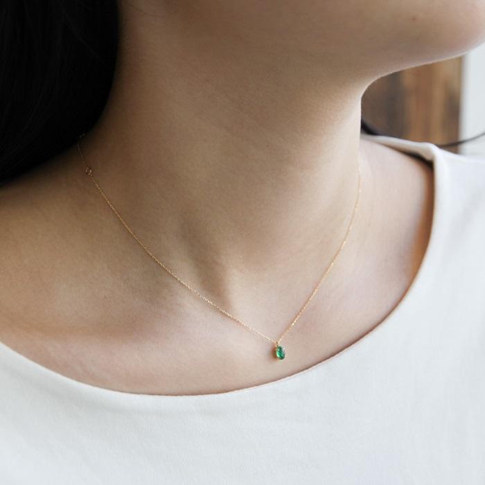 ネックレス レディース エメラルド ペンダント K18 ゴールド 0.35ct 一粒 カボションカット 楕円 ぷっくり 18K 18金 シンプル 華奢