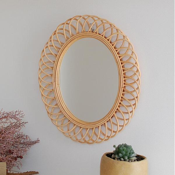 丸型 ラタンフラワーミラー オーバル バルト ラタンフラワーミラー ナチュラル ダークブラウン 鏡 ミラー 壁掛け ウォールミラー シンプル