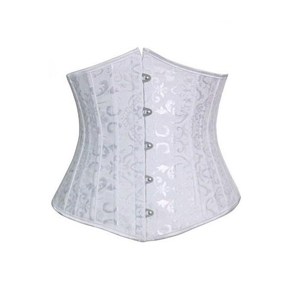 ジャカードアンダーバストコルセット・24スチールボーン・ショーツセット ホワイト Lサイズ 編み上げ セクシーランジェリー | 
