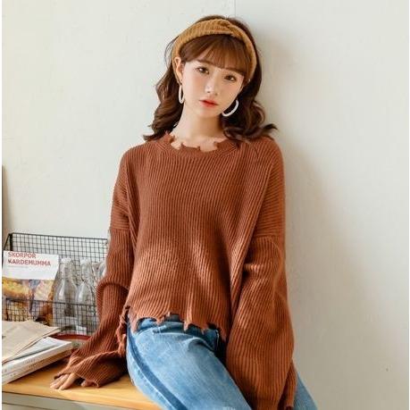 ダメージデザイン ショート丈 ニット フリンジ ダメージ加工 ニットセーター ゆるシルエット カジュアル