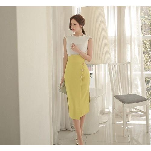 韓国 きれいな黄色のハイウェスト膝丈ラップスカート オフィスコーデに  
