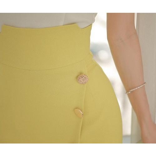 韓国 きれいな黄色のハイウェスト膝丈ラップスカート オフィスコーデに  