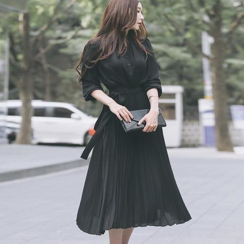 レディースファッション シンプルでおしゃれ ウエストリボンプリーツワンピース ブラック 夏 お呼ばれ 女子会 食事会 通勤 通学 Axua1eksin Www Slnb In