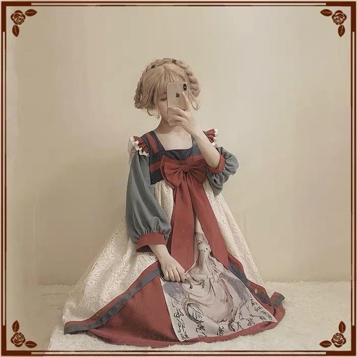 送料込 九尾の狐 水墨画風リボンワンピース 長袖 ひざ丈 シンプル ロリータ ハイウエスト 送料無料 Zoetalentsolutions Com