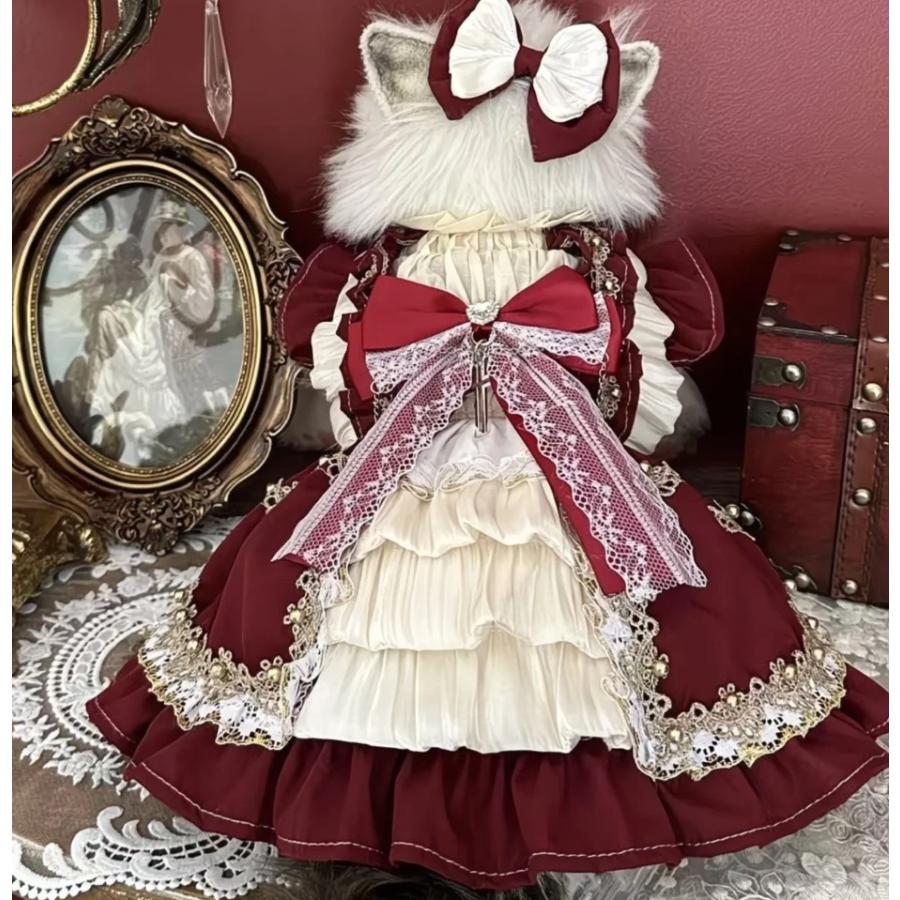 犬 猫 用 ドレス ゴージャス ワンピース 深紅 レッド 豪華 リボン