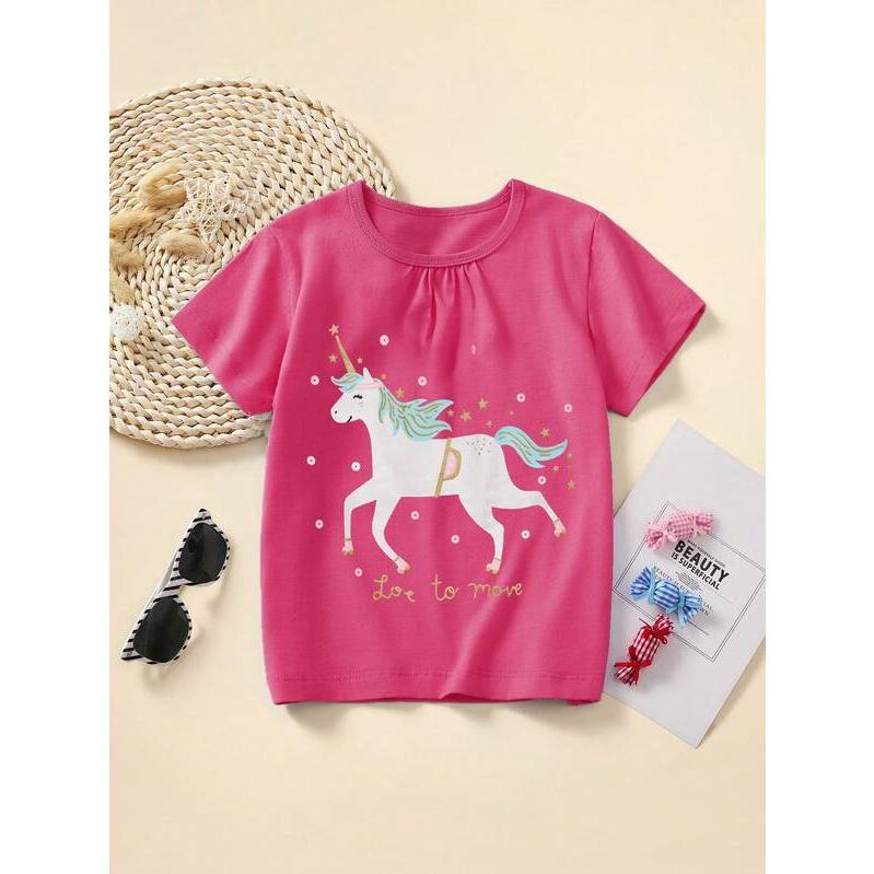 女の子用半袖コットンTシャツ。かわいいユニコーン柄。サイズ：90、100 