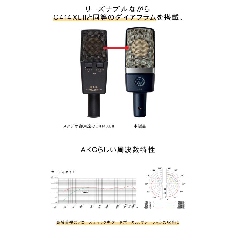 AKG コンデンサーマイク C214 + ブームマイクスタンド・ポップ AKG コンデンサーマイク C214 + ブームマイクスタンド・ポップ