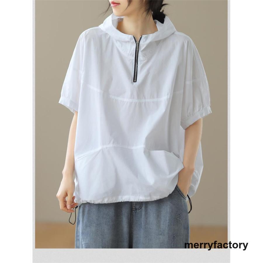 パーカー レディース ブラウス 春 夏 秋 フード付き 半袖 tシャツ 夏 