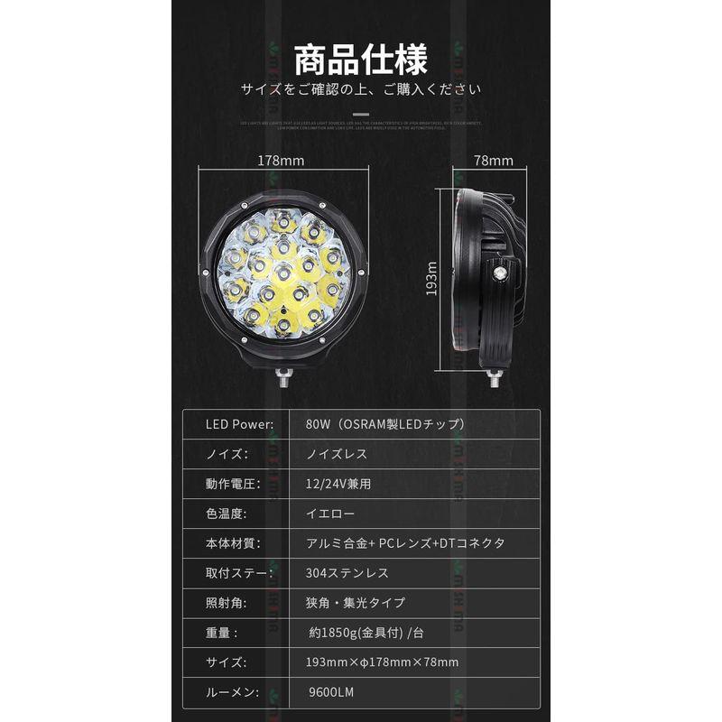 作業灯 4台セット黄色 イエロー 前照灯 丸型 80ｗ ledライト led 12v 集光 狭角 スポット LED作業灯 24V 12V 対 - 10