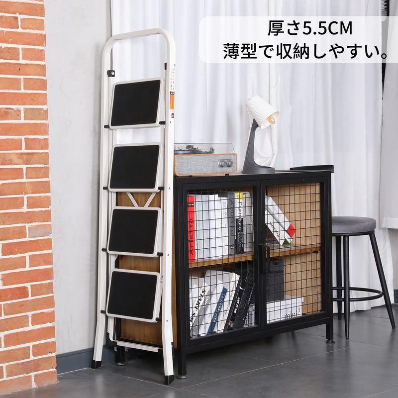 新品同様　SPIEEK 脚立 鉄素材 持ち運び便利 持ち手付き 軽量 折りたたみ脚立 踏み台 滑り止め付き ステップ台 (ホワイト, 四段) 脚立 SPIEEK 鉄素材 持ち運び便利 持ち手付き 軽量 折りたたみ脚立