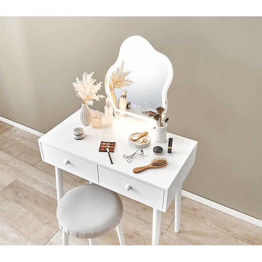 【直接引き取りのみ】ドレッサー・ミラー ウェーブミラードレッサー スツールセット 引き出し2杯 [幅75