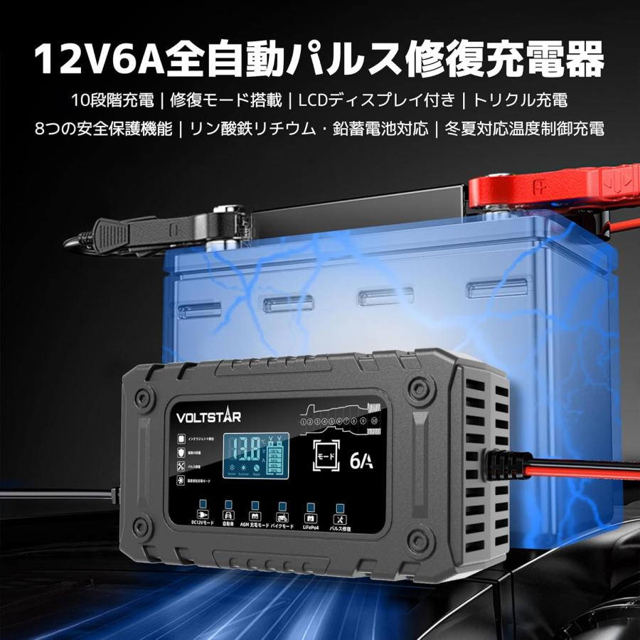 VOLTSTAR 12V 6A バッテリー充電器 【10段階スマート充電・酸鉄