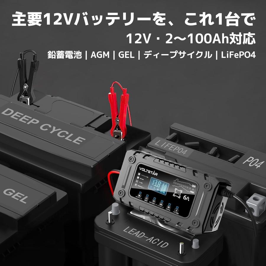 VOLTSTAR 12V 6A バッテリー充電器 【10段階スマート充電・酸鉄