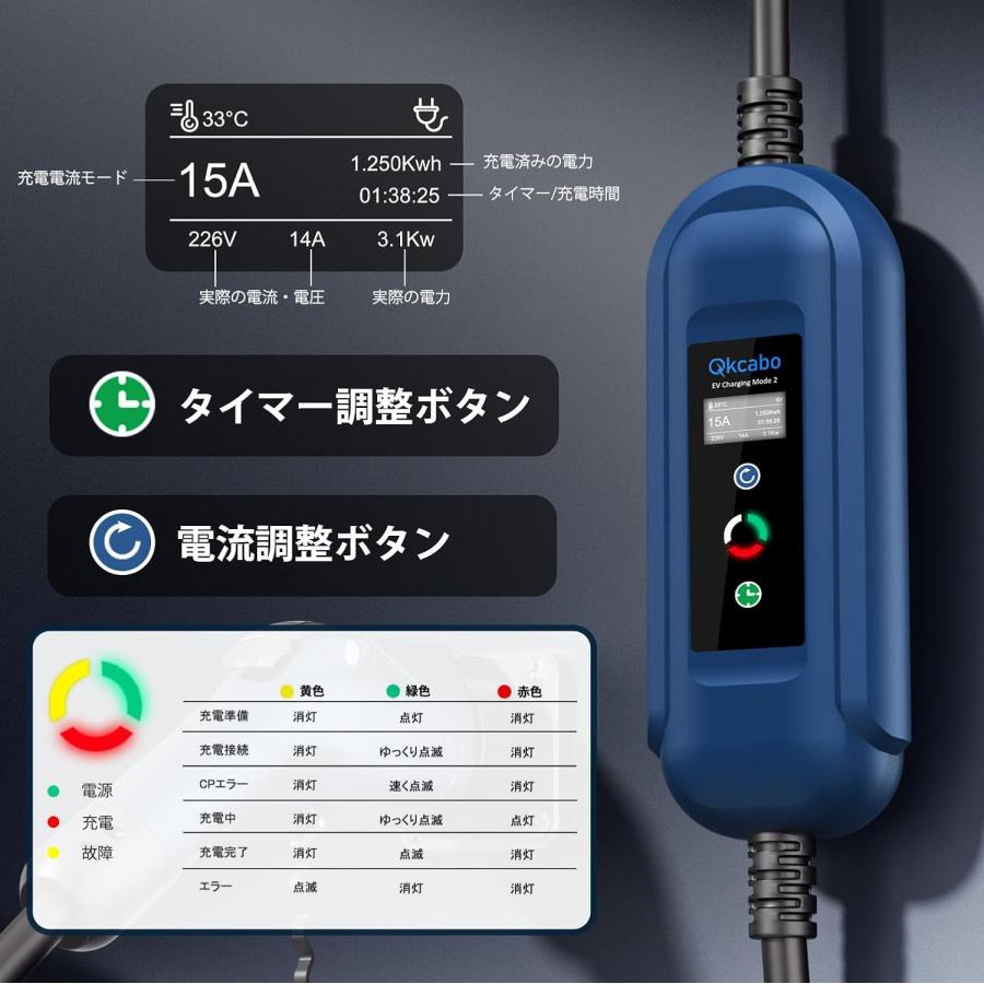3KW EV充電ケーブル 電気自動車用 SAE J1772規格｜100V-240V対応 8A