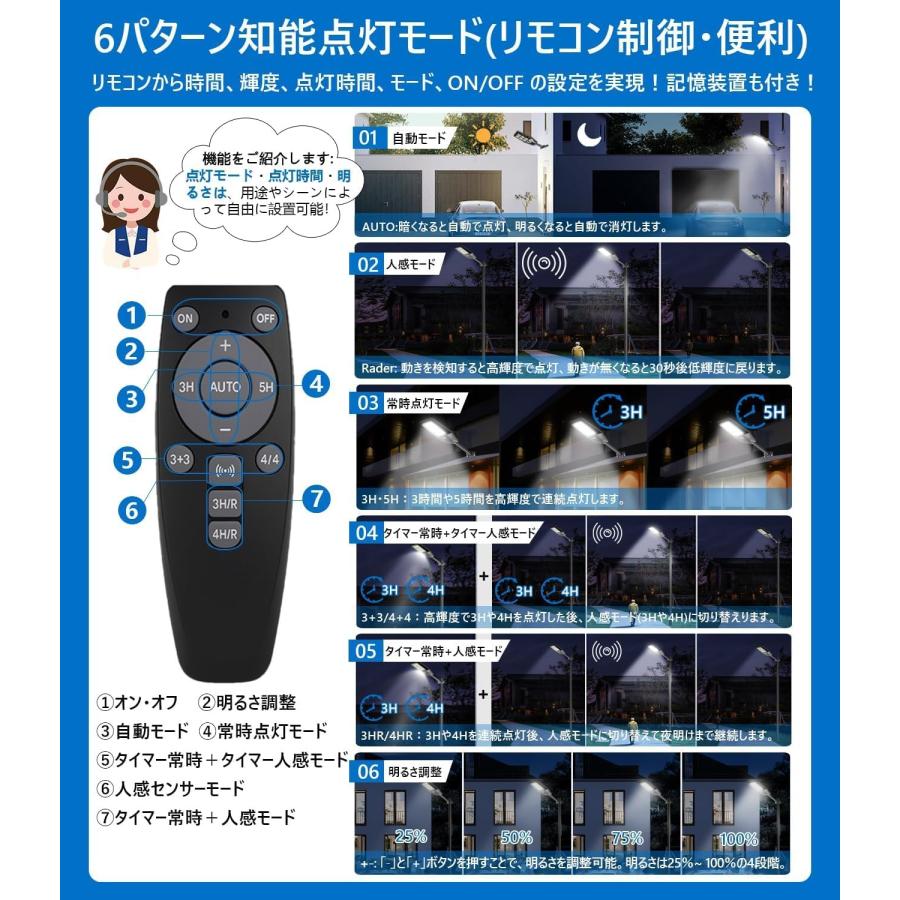 【2個セット】 ソーラー街灯 屋外 LED 高輝度10000LM IP66防水 人感センサー/明るさセンサー付き 自動点灯 防犯ライト ガーデンライト 庭 玄関 門柱 駐車場 通路_3