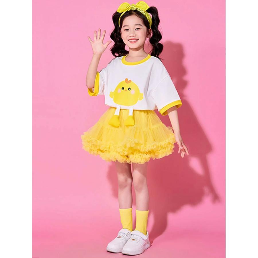 キッズ ダンス衣装 セットアップTシャツ 黄色 チュールスカート パンツ