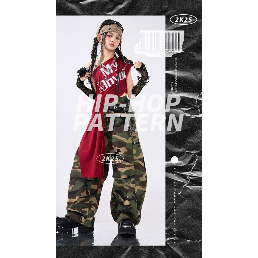キッズ ダンス 衣装 セットアップ 女の子 ヒップホップ 迷彩 赤 KPOP