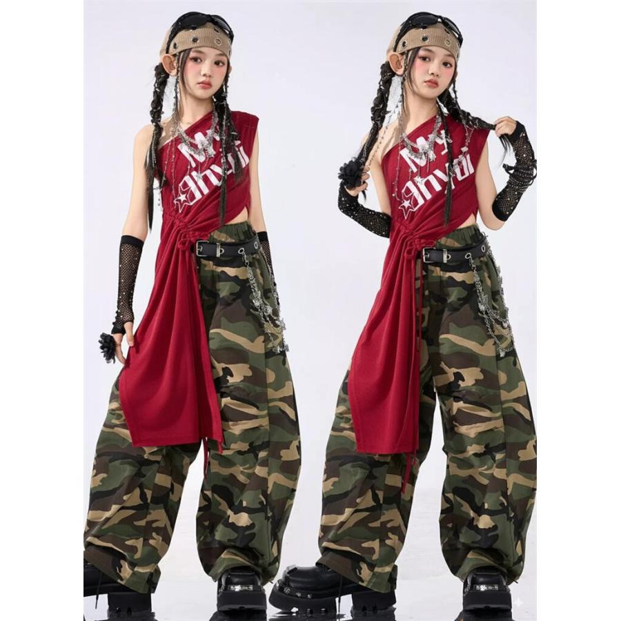 キッズ ダンス 衣装 セットアップ 女の子 ヒップホップ 迷彩 赤 KPOP