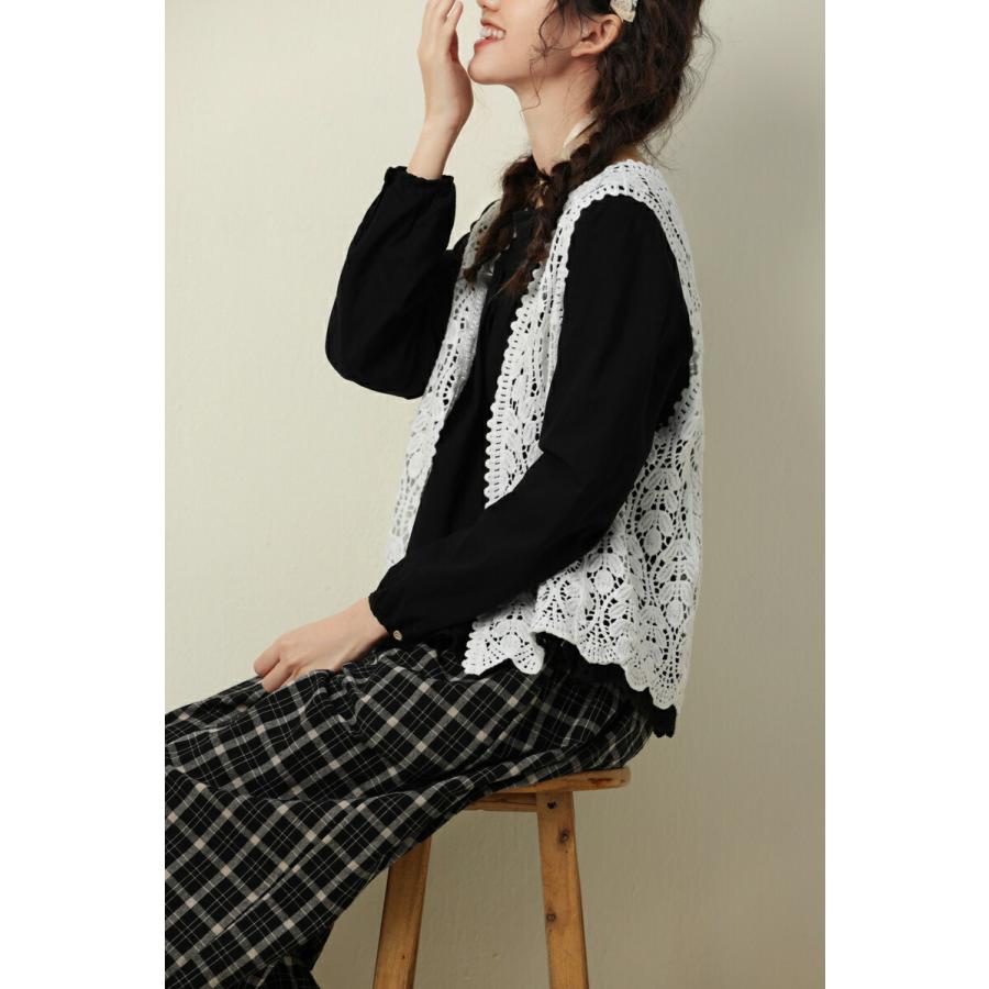 レースベスト レディース 前開き ジレ 透かし編み 花柄 ノースリーブ