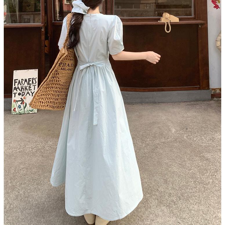 Vネック ワンピース レディース 半袖 春夏 ロング丈 Aライン ハイ