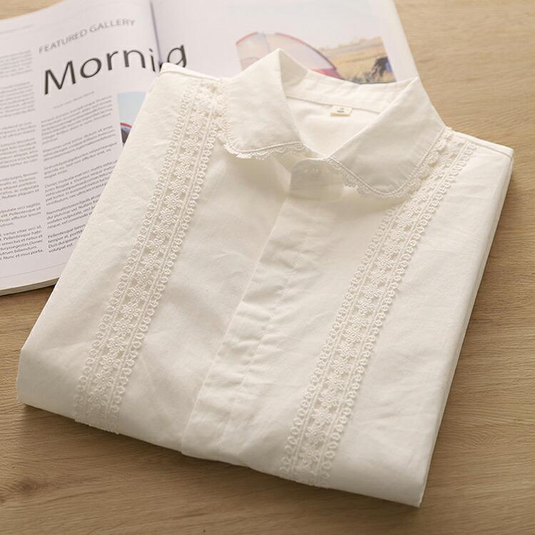 丸襟 刺繍 ブラウス レディース 綿 コットン 長袖 レース 襟付き 