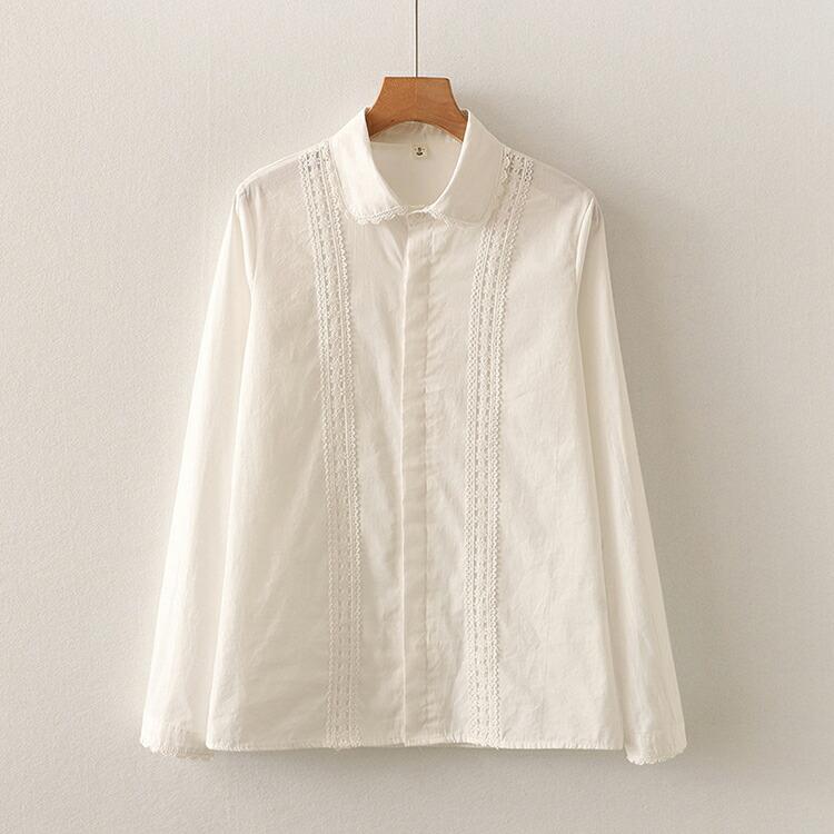 丸襟 刺繍 ブラウス レディース 綿 コットン 長袖 レース 襟付き
