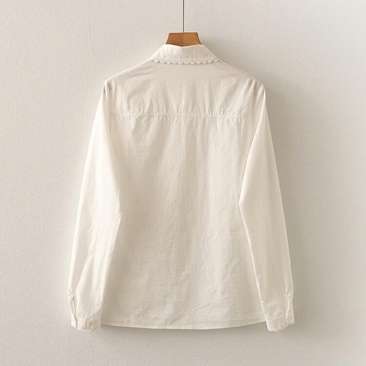丸襟 刺繍 ブラウス レディース 綿 コットン 長袖 レース 襟付き