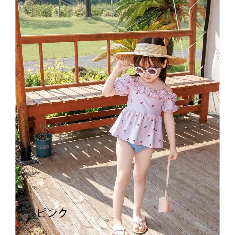 キッズ水着 女の子 3点セット セパレート 半袖 オフショルダー スイム