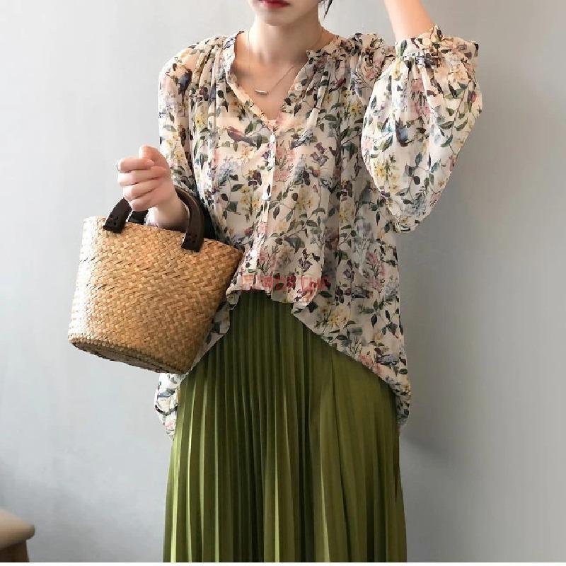 シフォンブラウス レディース 長袖 花柄 シアーシャツ 透け感 ゆったり