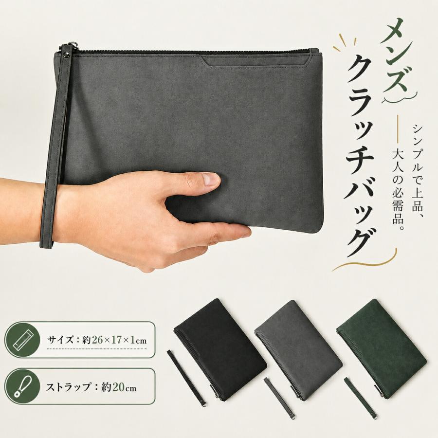 クラッチバッグ メンズ PUレザー ブラック セカンドバッグ 手持ち 着脱
