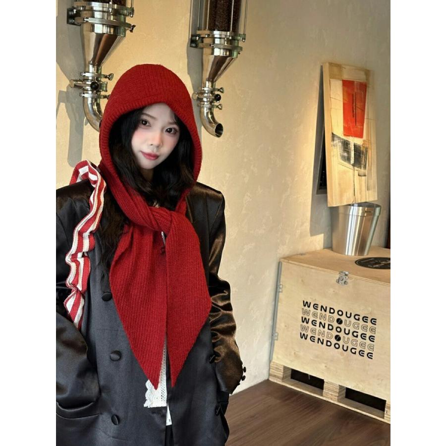 ORIMI マフラーフード付きニットスカーフ 赤黒 ニットマフラー レディース マフラー スカーフ フード付きマフラー