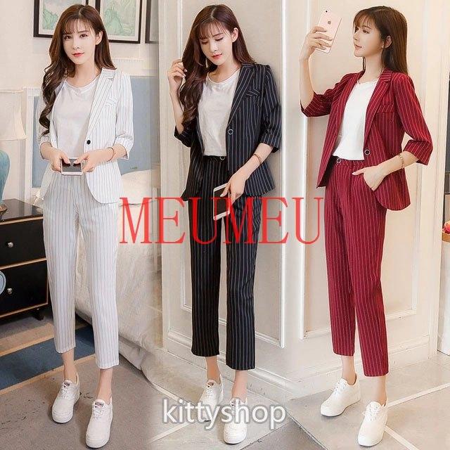 予約販売 パンツスーツ レディース 夏 薄手 スーツ ストライプ 通勤 Ol ブラック ホワイト ワイン赤