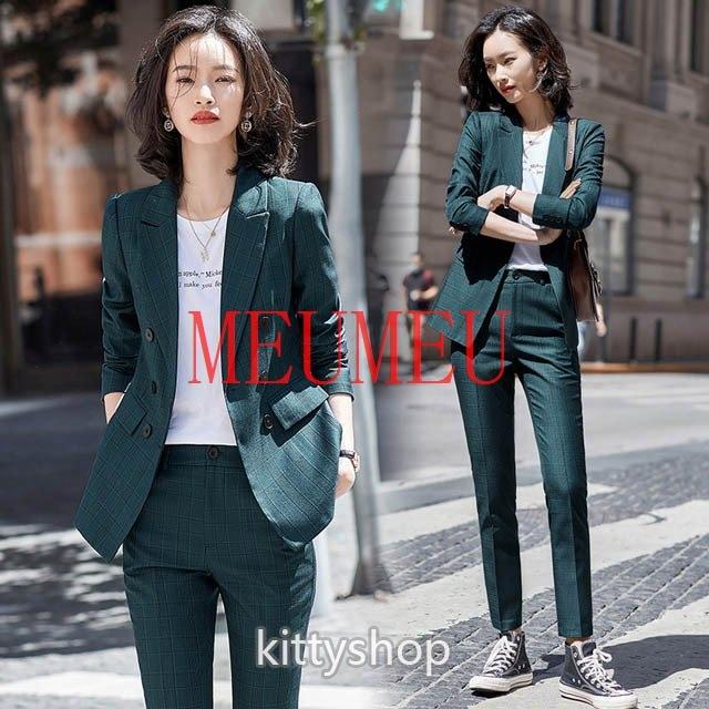 セール通販店 チェック柄 スーツ レディース 緑 パンツスーツ 2点セット 通勤 Ol オフィススーツ フォーマル スーツ 春 30代 40代 グリーン パープル カジュアルスーツ 買取 価格店舗 Www Superavila Com