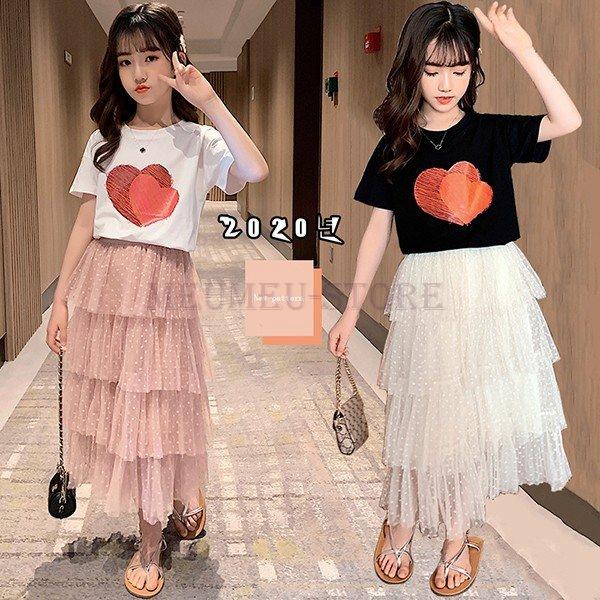 子供服セットアップキッズ女の子夏2点セット上下セットtシャツ半袖スカートロング丈チュールジュニアおしゃれ可愛いカジュアル小学生150 スカート サイズ 130cm