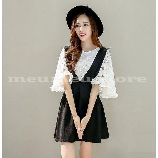 人気ブランド セットアップワンピース ワンピーススーツ ２点セット レースカットソートップスと無地ジャンパースカートのセット Vネックワンピース ジャンスカ 半袖レ 新しい到着 Www Ladislexia Net