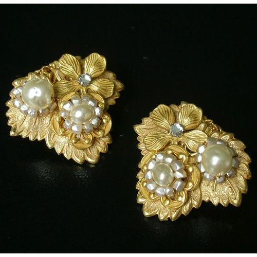 Miriam Haskell ミリアムハスケル イヤリング バロックパール ロシアンゴールドのお花畑 イヤリング ヴィンテージ商品_2