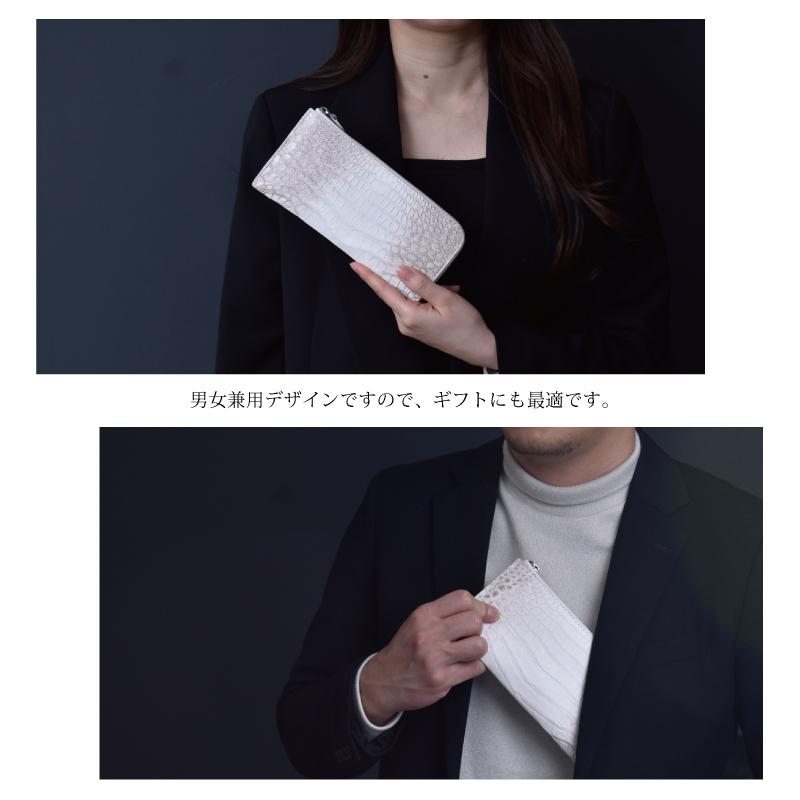 クロコダイル ヒマラヤ染 長財布 レディース メンズ 薄型 L字ファスナー 本革 ワニ革 白 ホワイト 薄い スリム 鰐革 Ｌ字財布 仕事用 男性 女性 金運 送料無料の画像