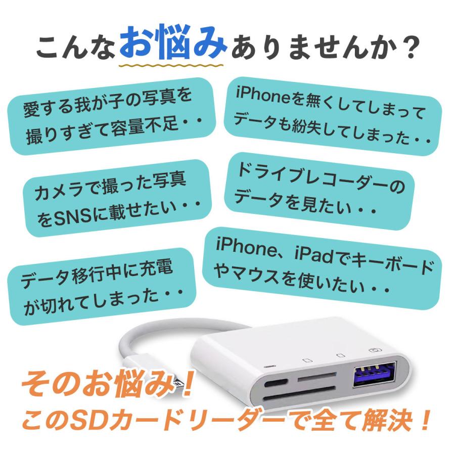 iPhone iPad SDカードリーダー メモリーカードリーダー アプリ不要 双方向 データ移行 バックアップ 高速 転送 写真 音楽 4in1｜mgshop0401｜04