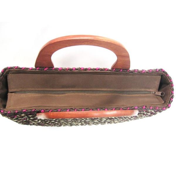 フィリピン セブ島 アバカとウッドのかごバッグ ブラウン×ピンク